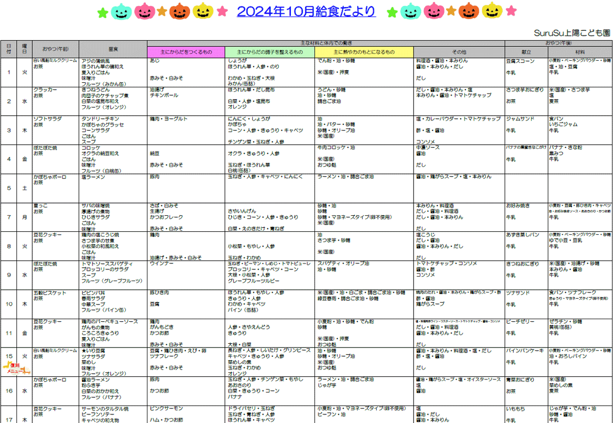 2024年10月の給食献立