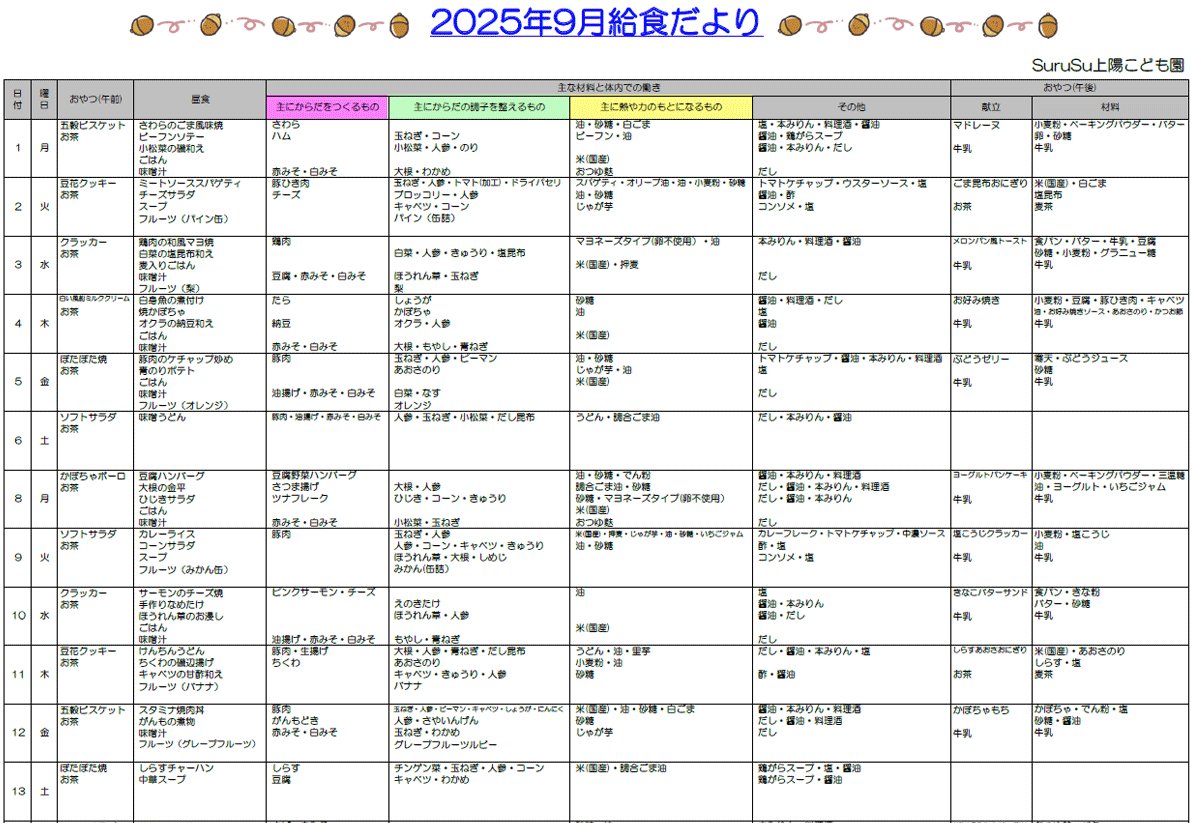 2025年9月の給食献立