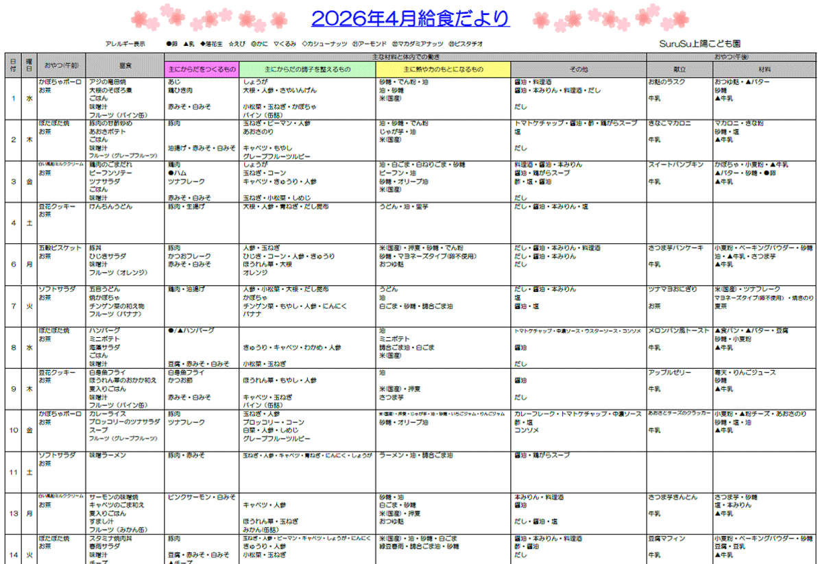 2026年4月の給食献立