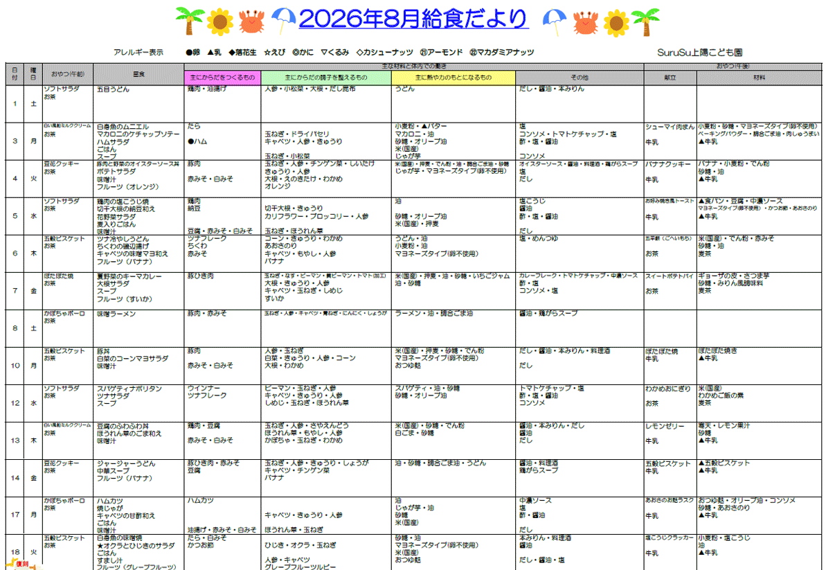 2026年8月の給食献立