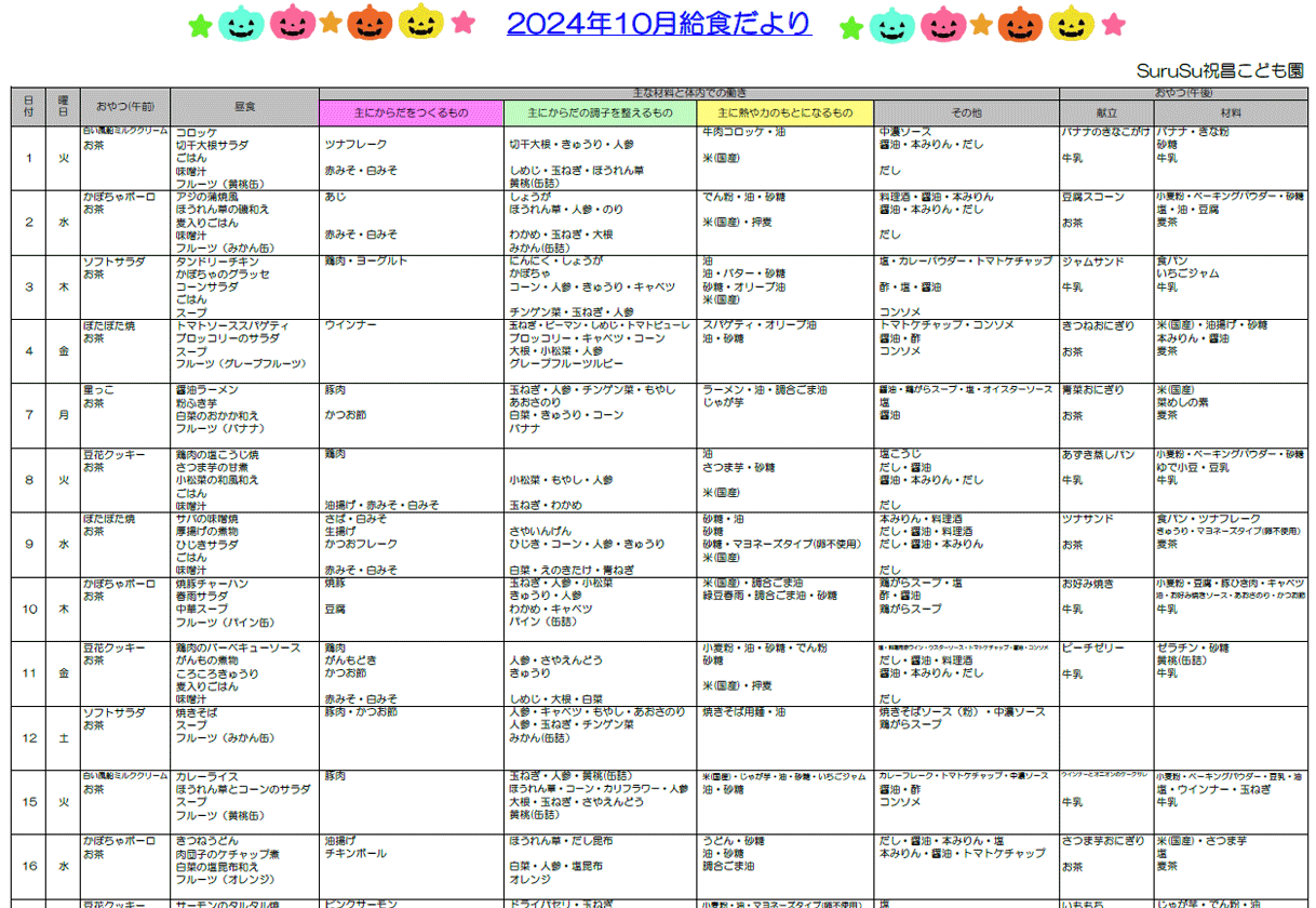 2024年10月の給食献立