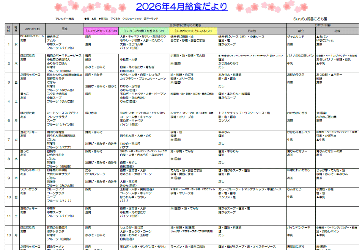 2026年4月の給食献立
