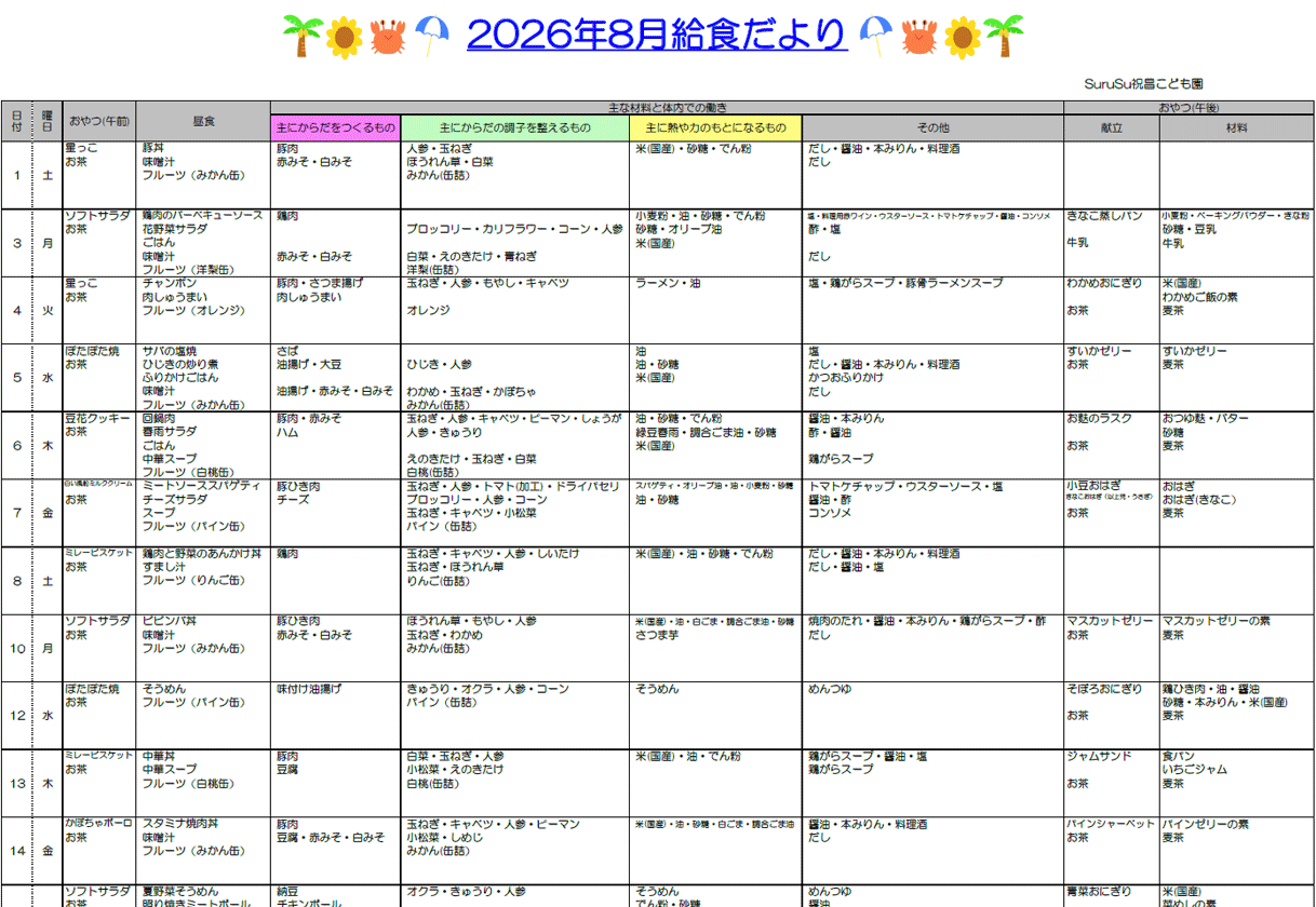 2026年8月の給食献立