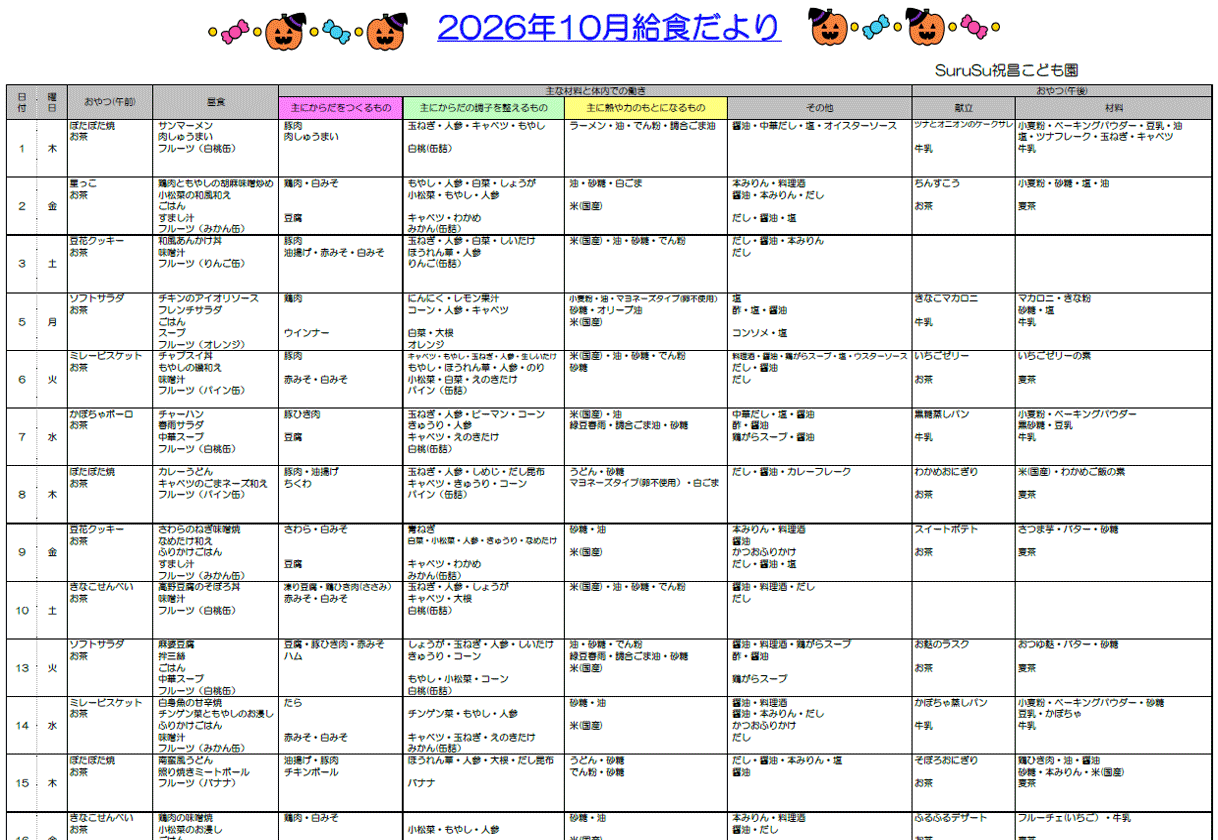 2026年10月の給食献立